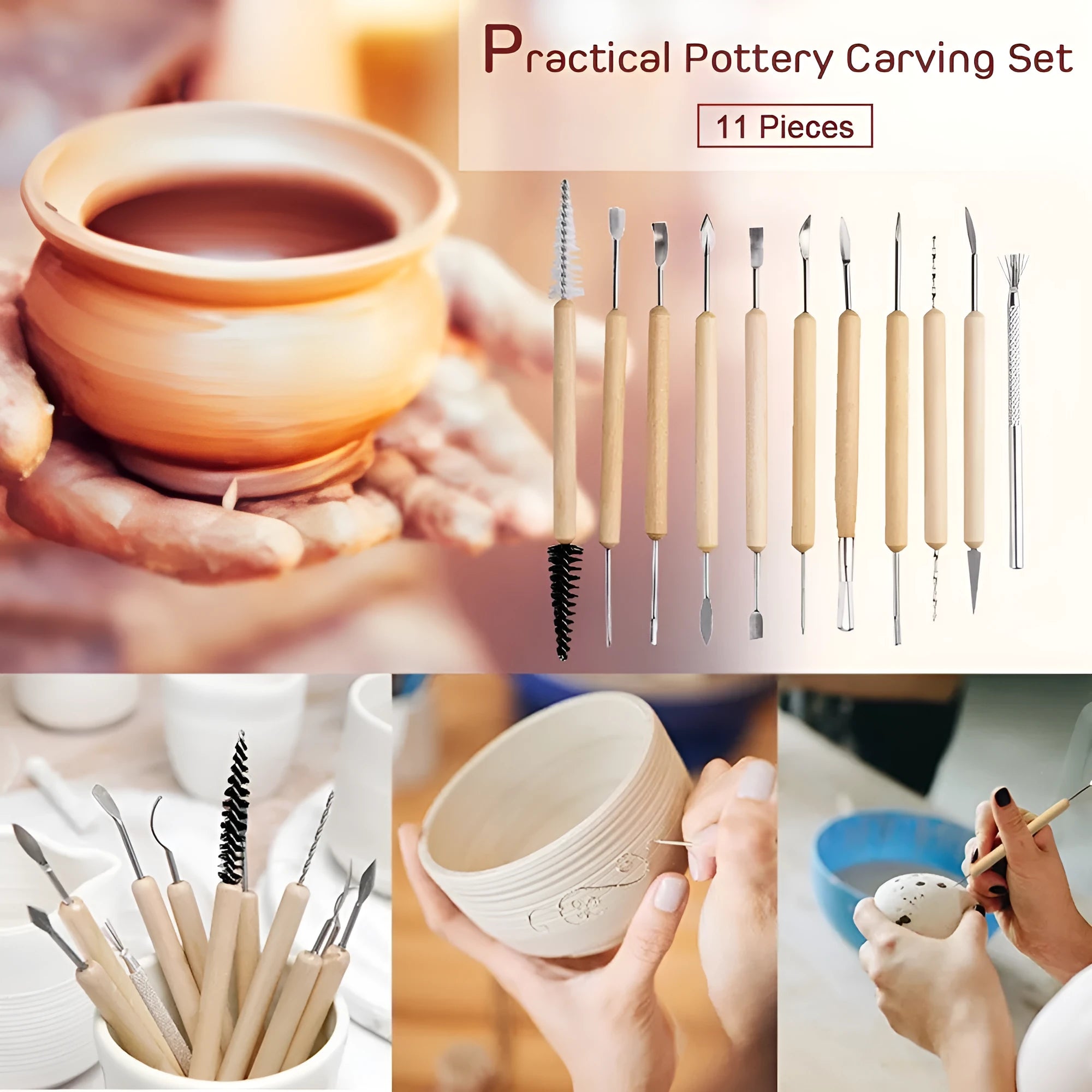 11 piece pottery clay tools set with wooden handles and stainless steel blades