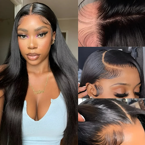 A straight, black, human hair lace front wig with a natural hairline on a 13x6 inch base.