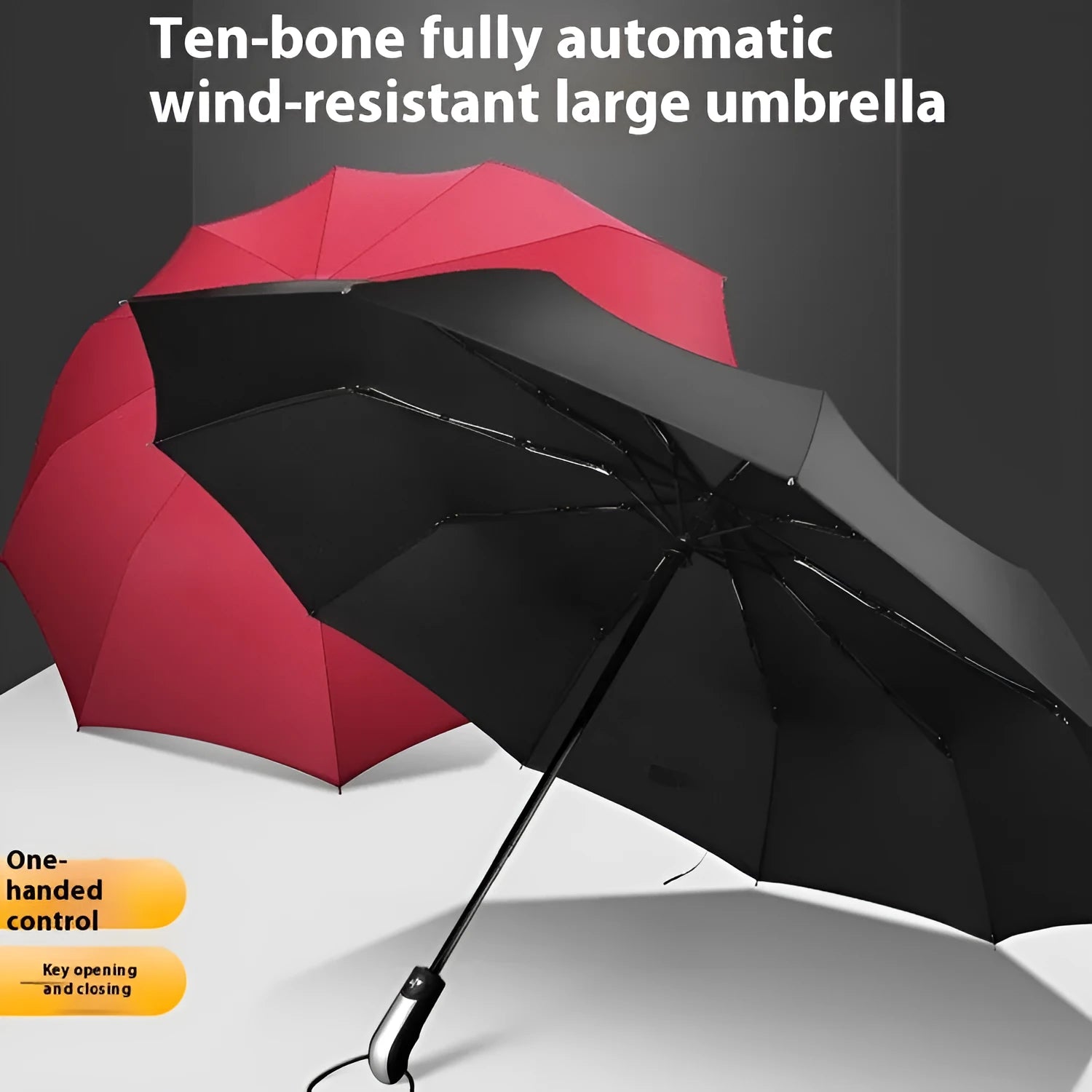 Open black automatic triple-folding business umbrella with a large canopy and rubber handle.