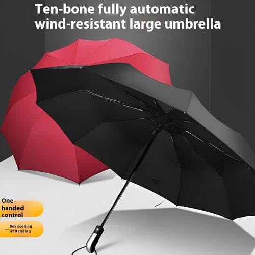 Open black automatic triple-folding business umbrella with a large canopy and rubber handle.