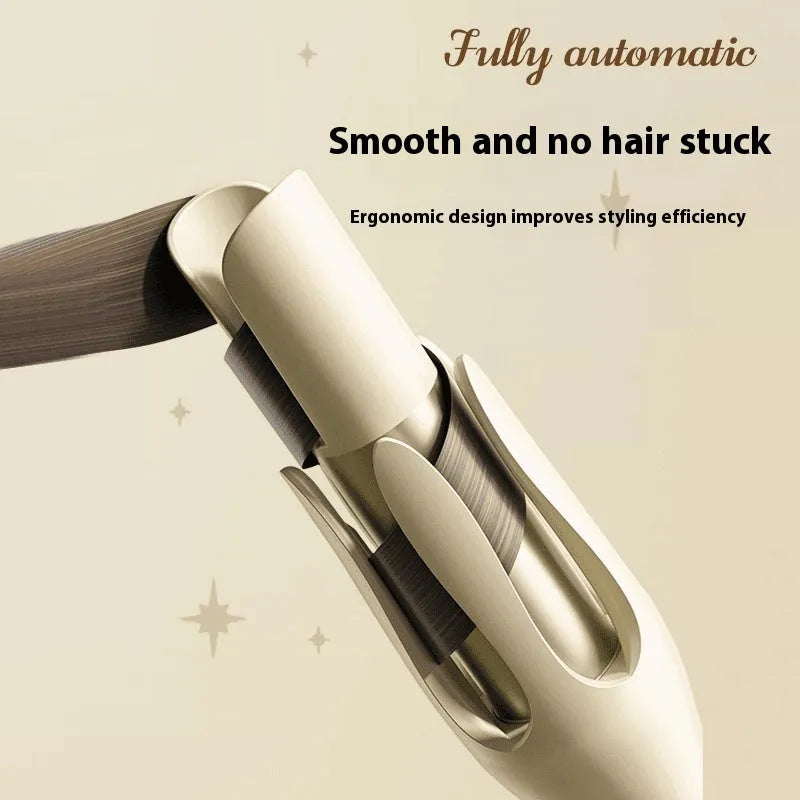 White and pink automatic hair curler with 32mm ceramic barrel and auto-clamp feature on a table.