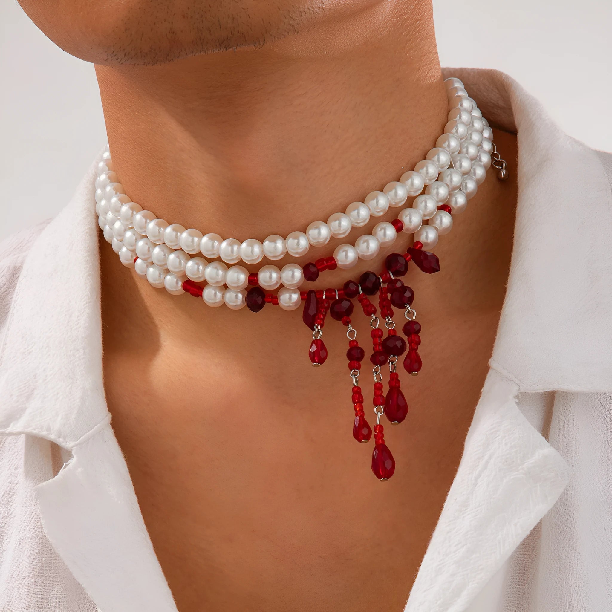Men's Halloween necklace with blood drop crystal pendants, pearl beads, and tassel on adjustable chain