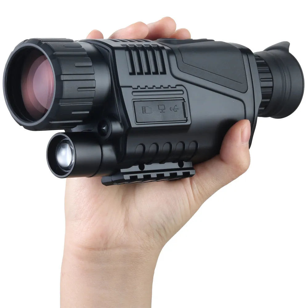NV300 black infrared digital night vision telescope with 40mm lens, shown with storage bag and cables.