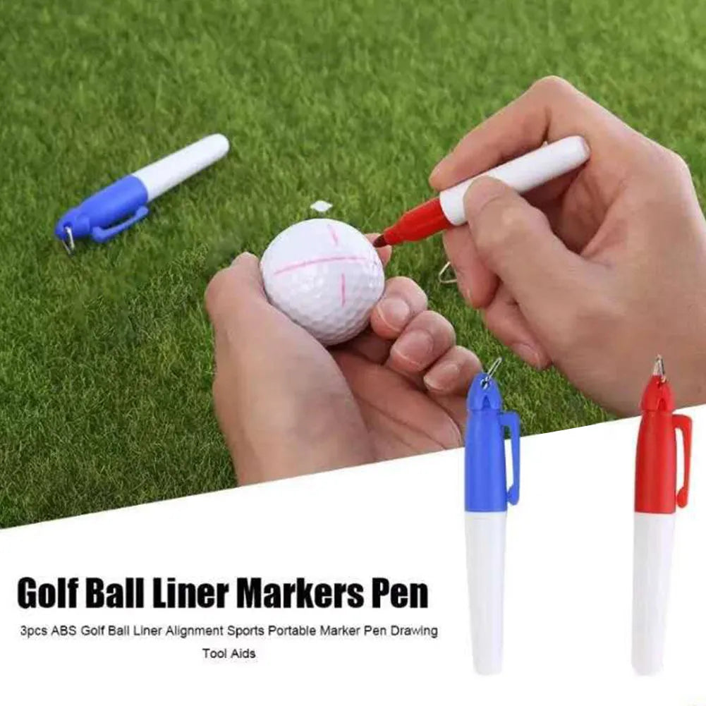 Golf ball line drawing kit with two plastic alignment tools and two mini permanent markers in red and blue