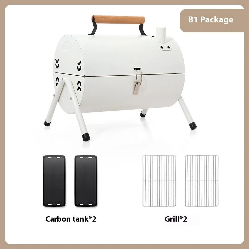 White round chimney oven style portable folding grill with carbon tanks for outdoor frying and baking.