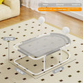 A large gray fabric pet kennel with a breathable design and sturdy bracket frame, shown on a wooden floor.