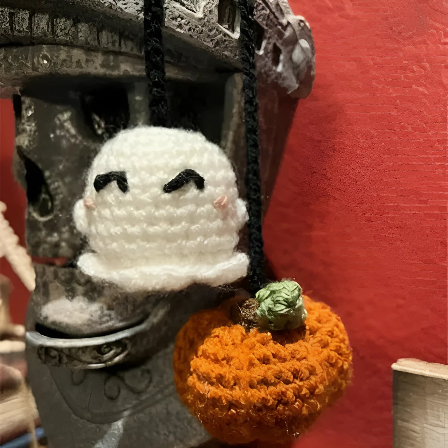 Polyester plush hand-woven cartoon automobile hanging ornament showing Halloween bat and ghost designs.
