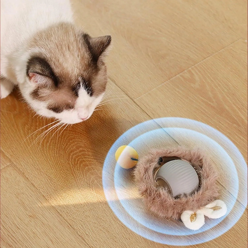 Grey green and red automatic rotating rolling ball pet toy with string for dogs and cats.