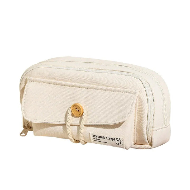 Green canvas button pencil case showing large capacity for pens in Korean style design.