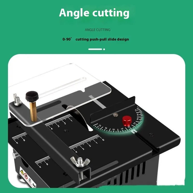 Lithium ion desktop saw with metal construction and 5 angle attachments on workbench