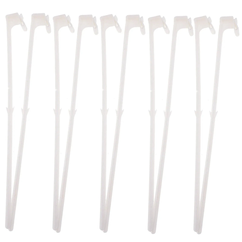 10 white PP plastic car window flag pole holders and mount clips on a plain background.