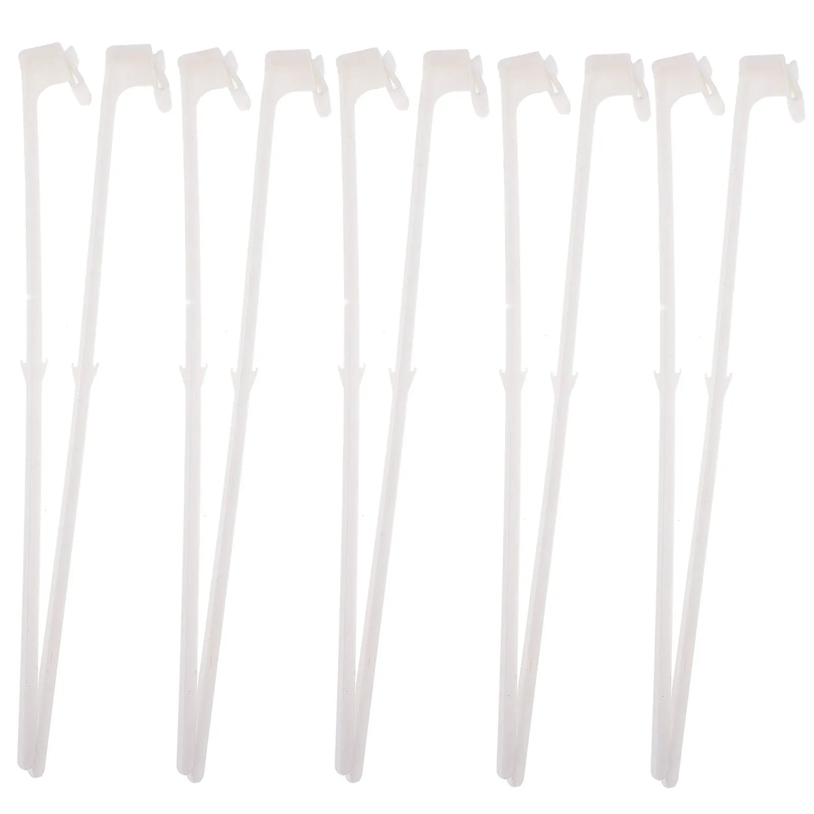 10 white PP plastic car window flag pole holders and mount clips on a plain background.