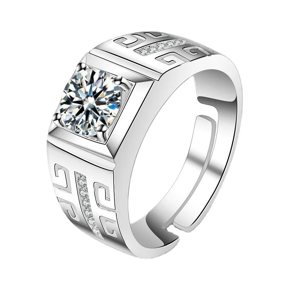 Large square diamond men's ring with adjustable opening in gold finish on hand