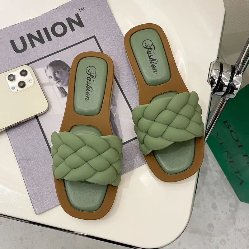 Women's plaid pattern beach sandals with thick PVC anti-slip sole in green colour.