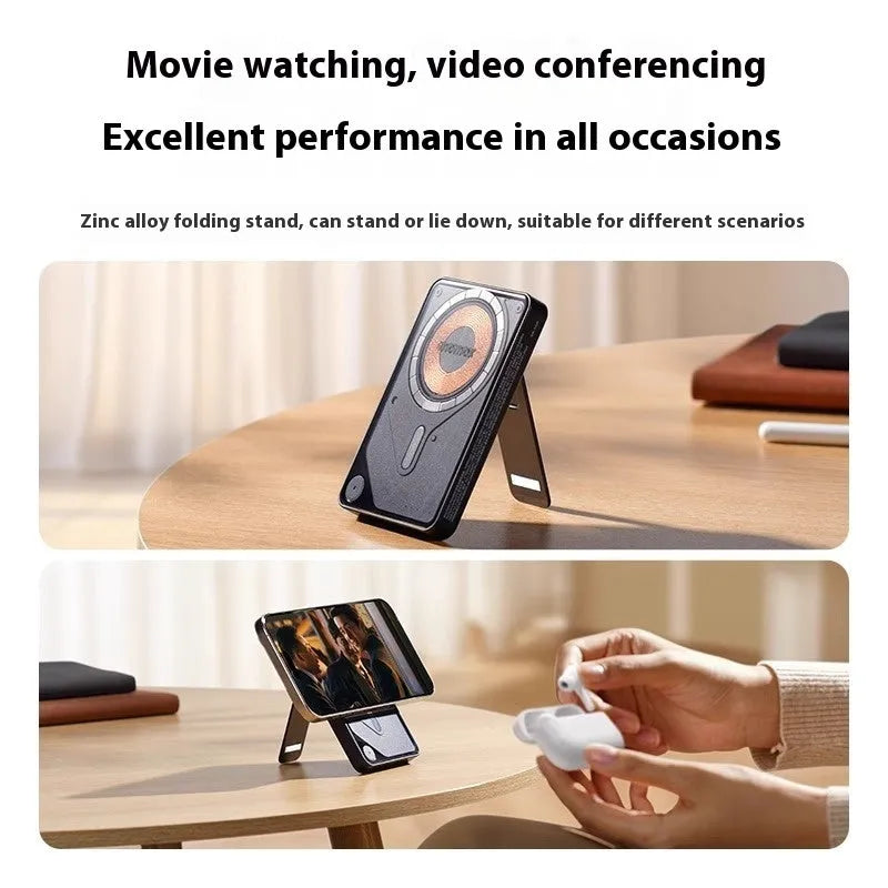Magnetic power bank with transparent bracket and built-in cable in Mysterious Black, alloy shell