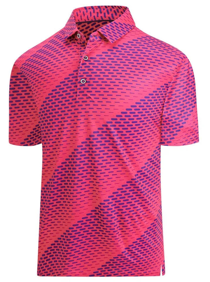 Men's short sleeve T-shirt with 3D printed patterns and zipper details on mesh fabric.