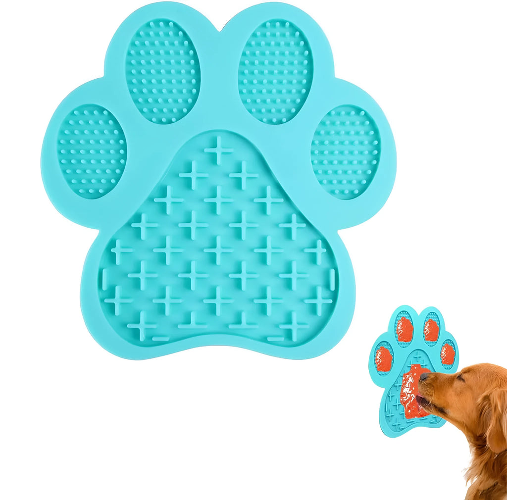 Blue silicone dog licking mat with bone texture and suction cups on back for bath time and slow feeding.