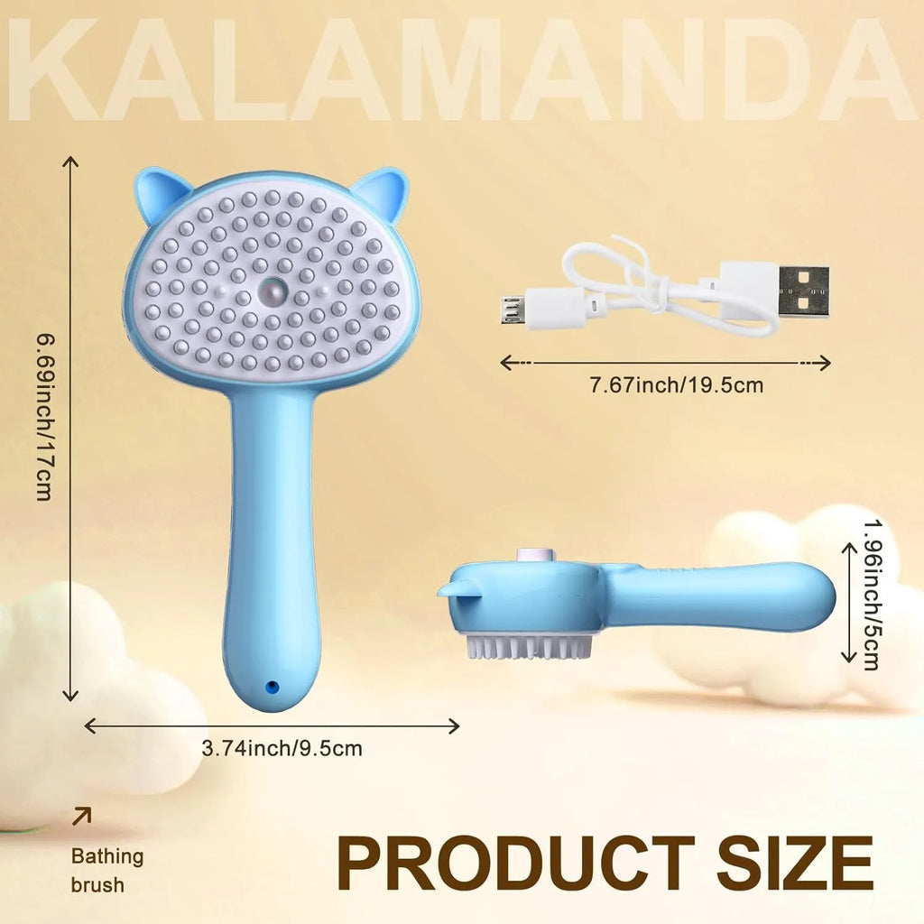 Blue cat steam brush with ergonomic handle, rubber bristles and mist spray function for pet grooming