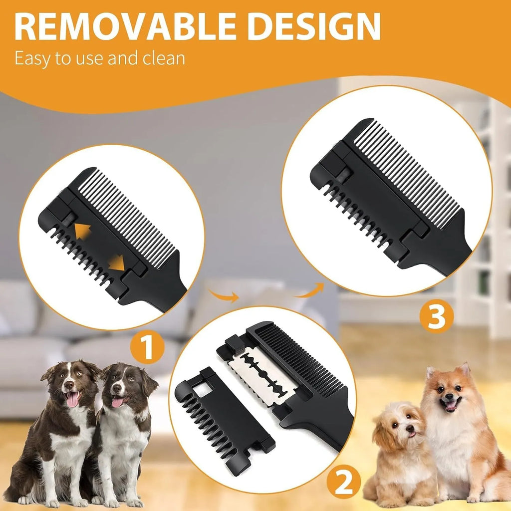 Pet razor comb with comb teeth and trimming blade, includes 10 spare blades for dog and cat grooming.