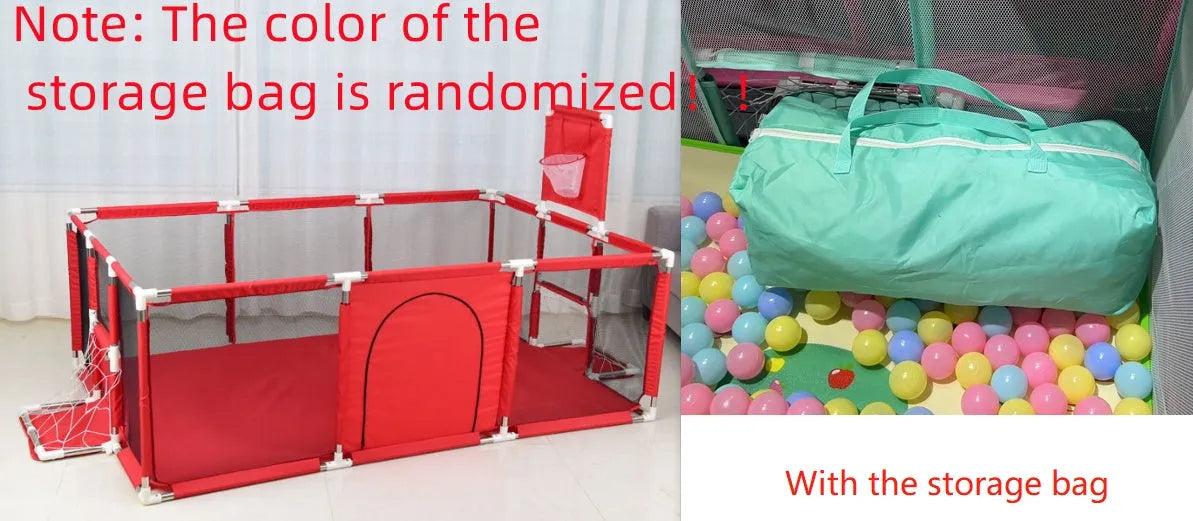 Large blue children's playpen tent with Oxford cloth walls and stainless steel frame in a nursery.