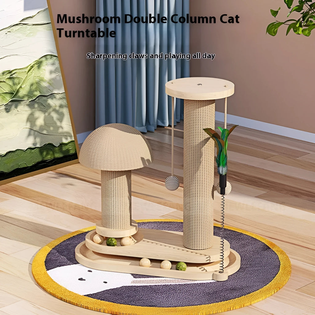 Solid wood cat scratching post with rotating turntable in multiple design options