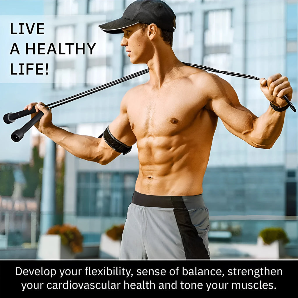 Black PVC skipping rope on floor, 2.8 metres long, for fitness training