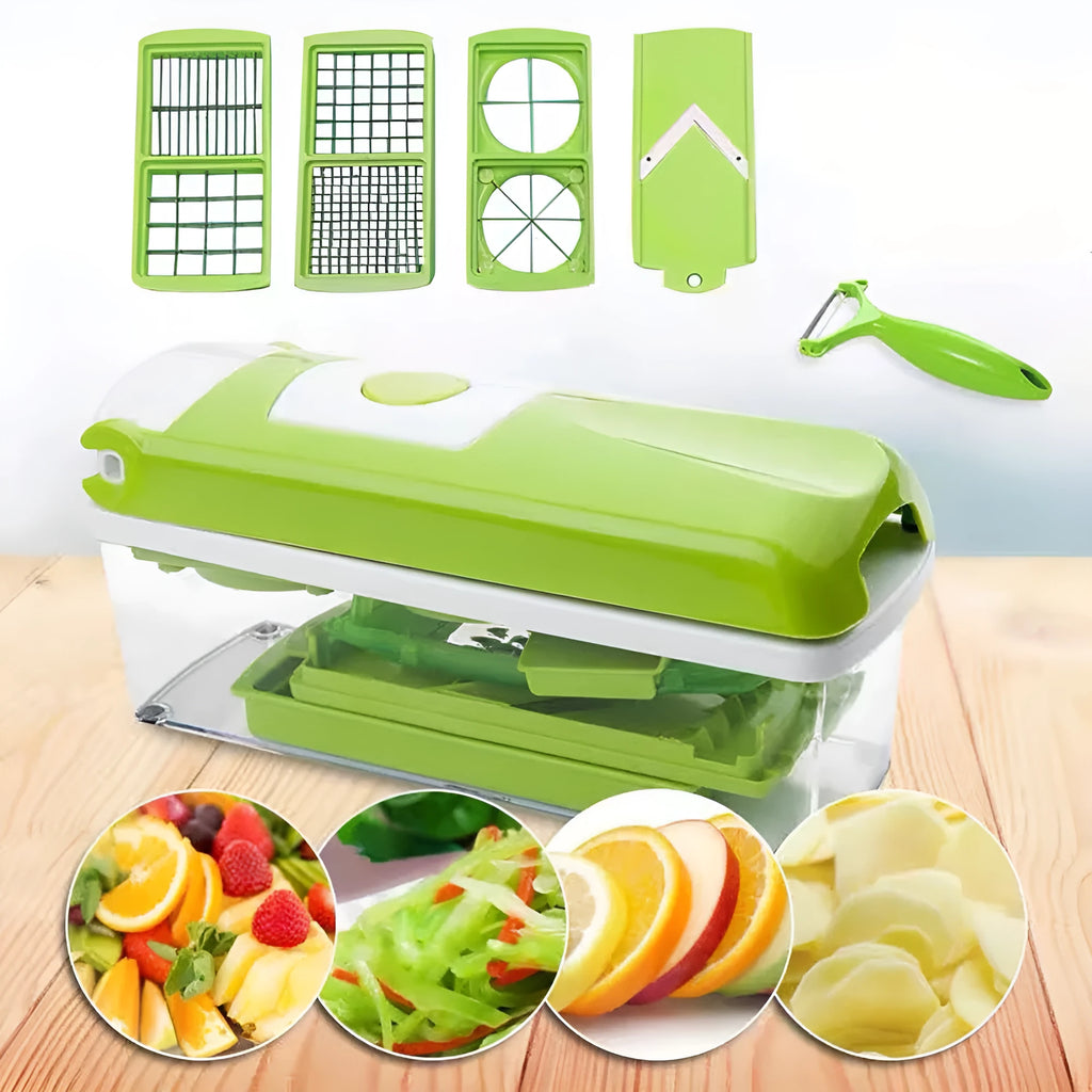 Green 12-piece manual food chopper set with stainless steel blades and ABS plastic body