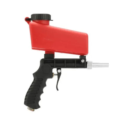 Portable black pneumatic sandblasting gun with gravity feed pot and 6.5mm nozzle.