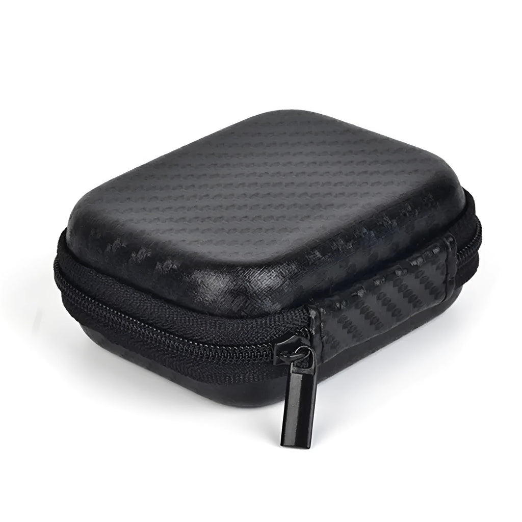 Mini black travel storage case for GoPro and action cameras, compact size 7.5cm x 5.5cm x 2.5cm