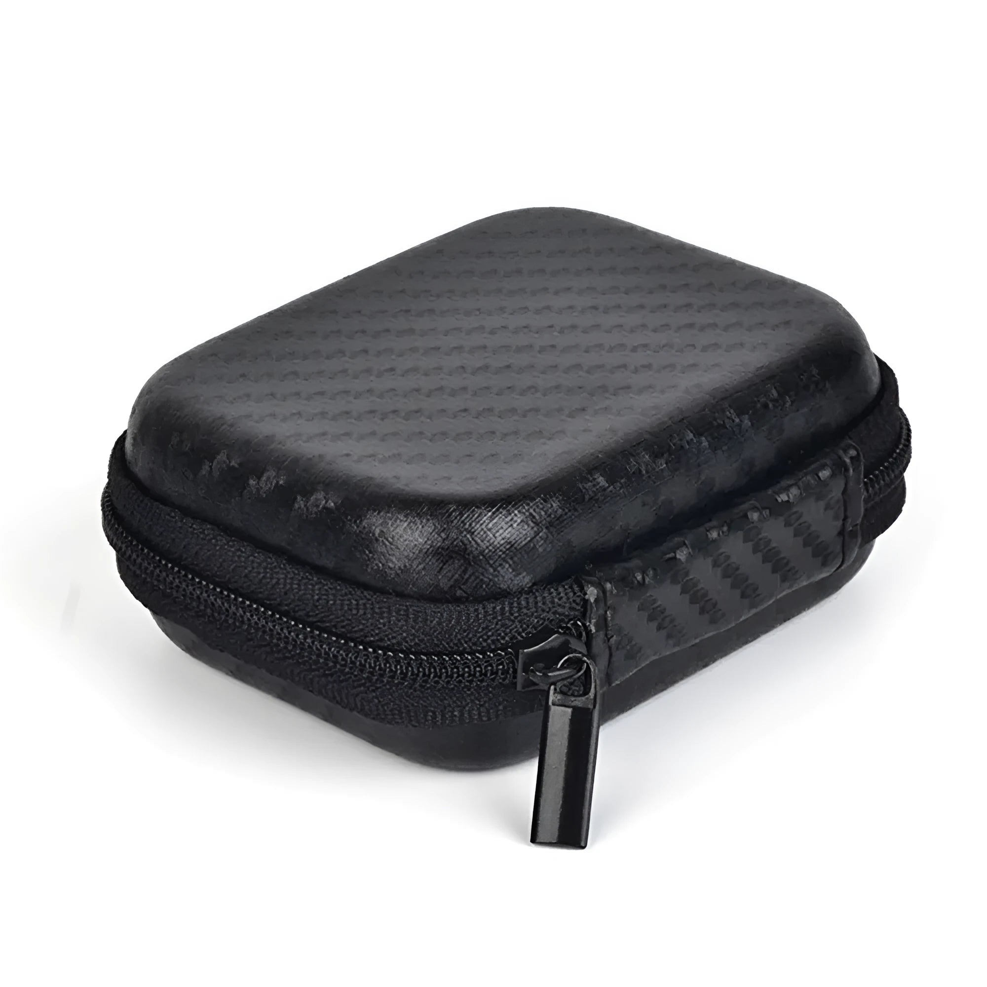 Mini black travel storage case for GoPro and action cameras, compact size 7.5cm x 5.5cm x 2.5cm