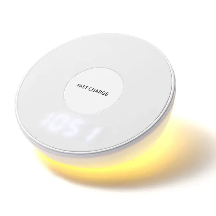 White 10W wireless phone charger with digital clock display and control buttons.