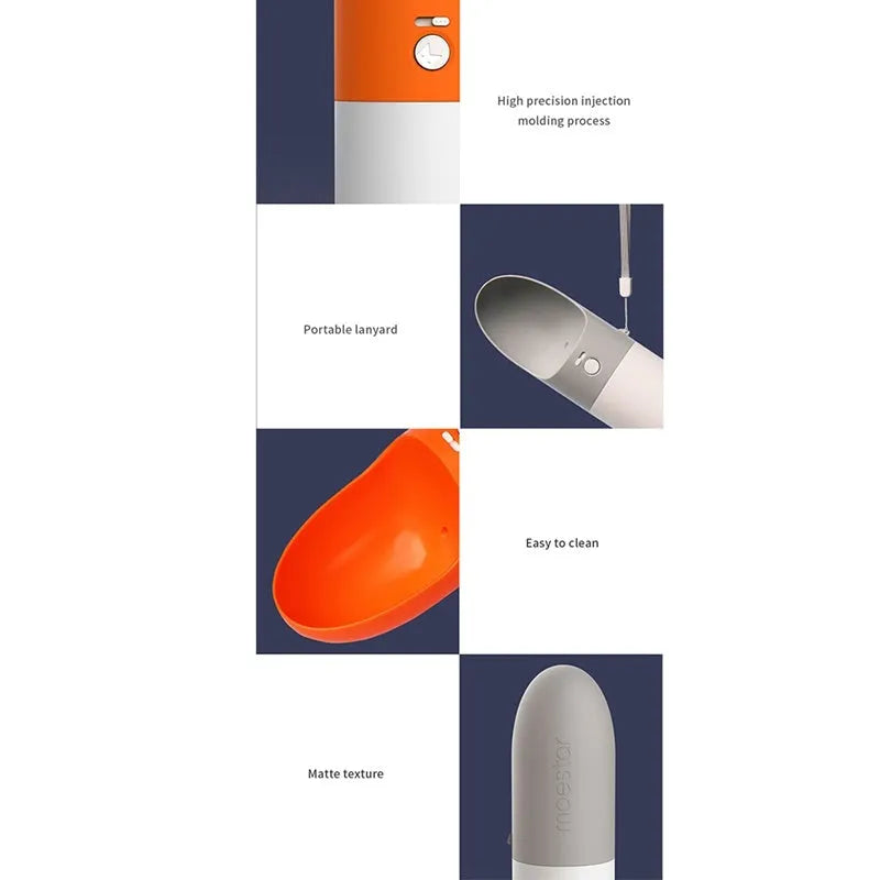 White and grey Moestar Rocket shaped pet water bottle with cup head and lock button.