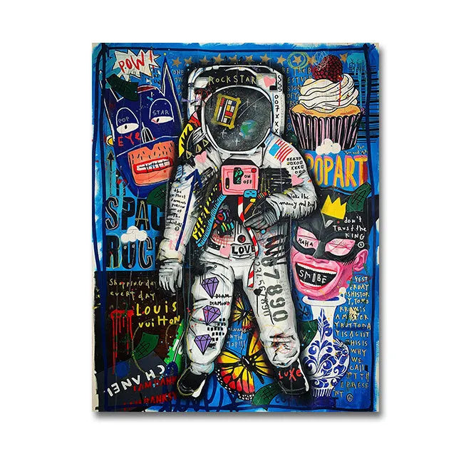 Frameless abstract graffiti canvas poster with spray painted street art design, available in sizes from 20x25cm to 80x120cm.