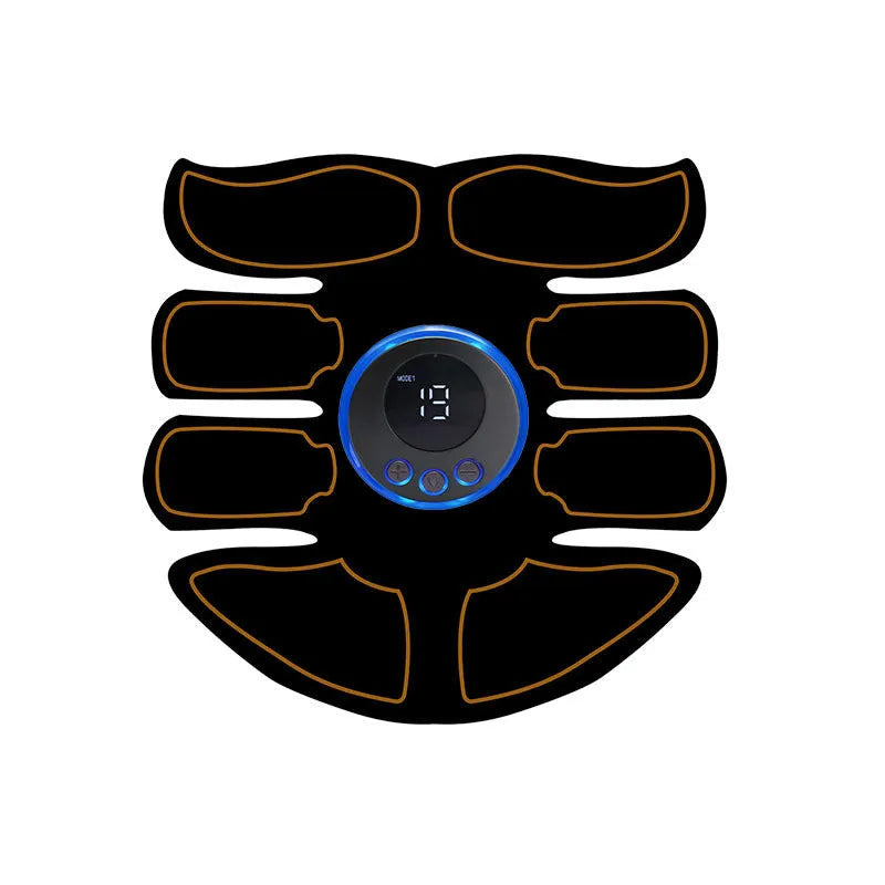 Digital abdominal muscle stimulation patch with three electrodes and colour-coded edges.