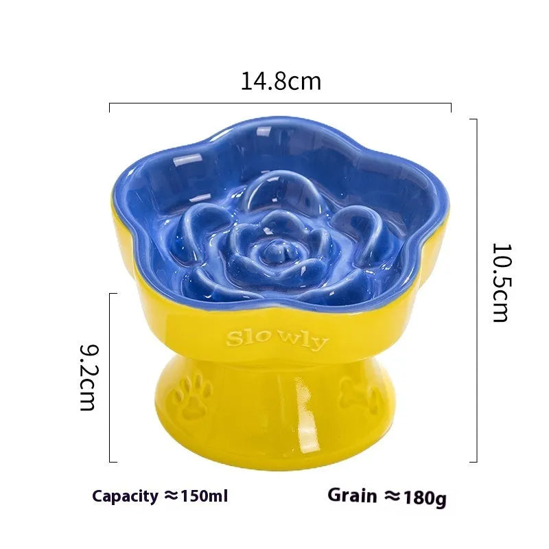 White ceramic pet bowl with a high foot neck and slanted rim for cat or dog feeding
