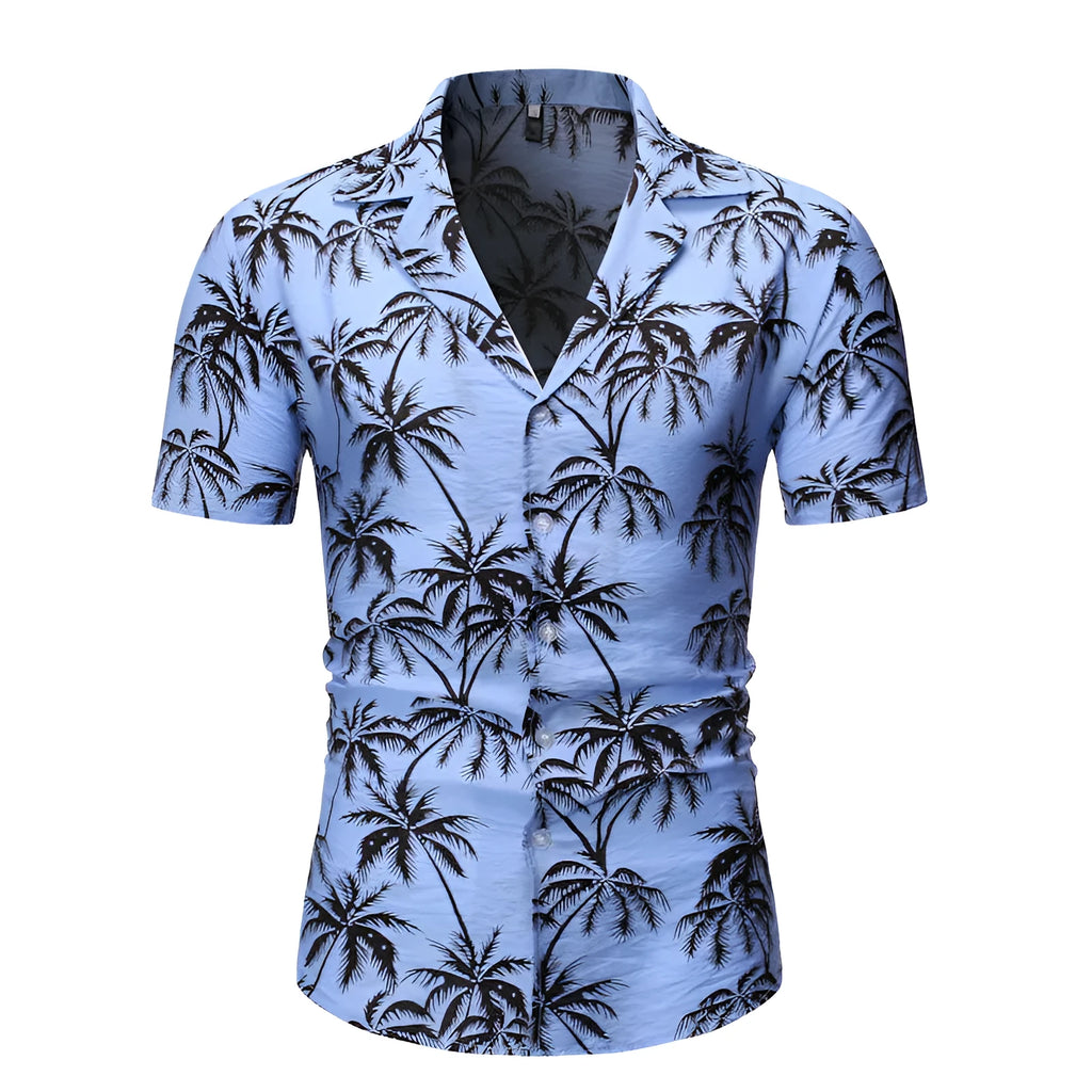 Men's loose lapel print top in light blue, long sleeve polyester casual shirt