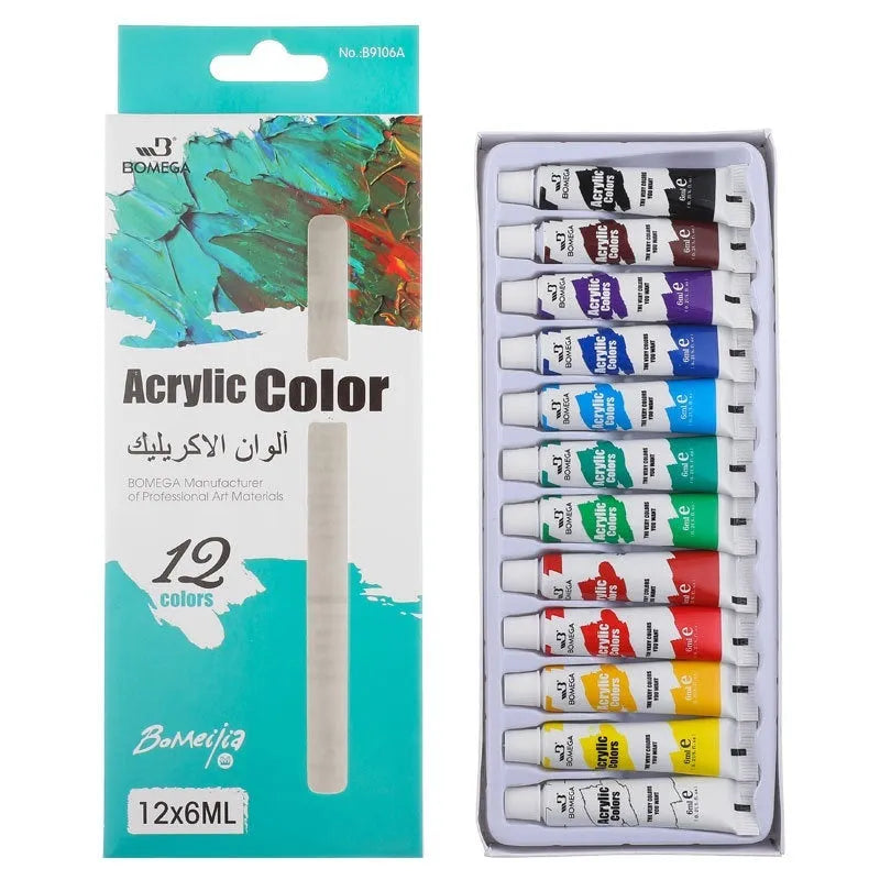 Set of artist paint tubes for acrylic, gouache, watercolour, oil, glass, and textile techniques in 12 colours.