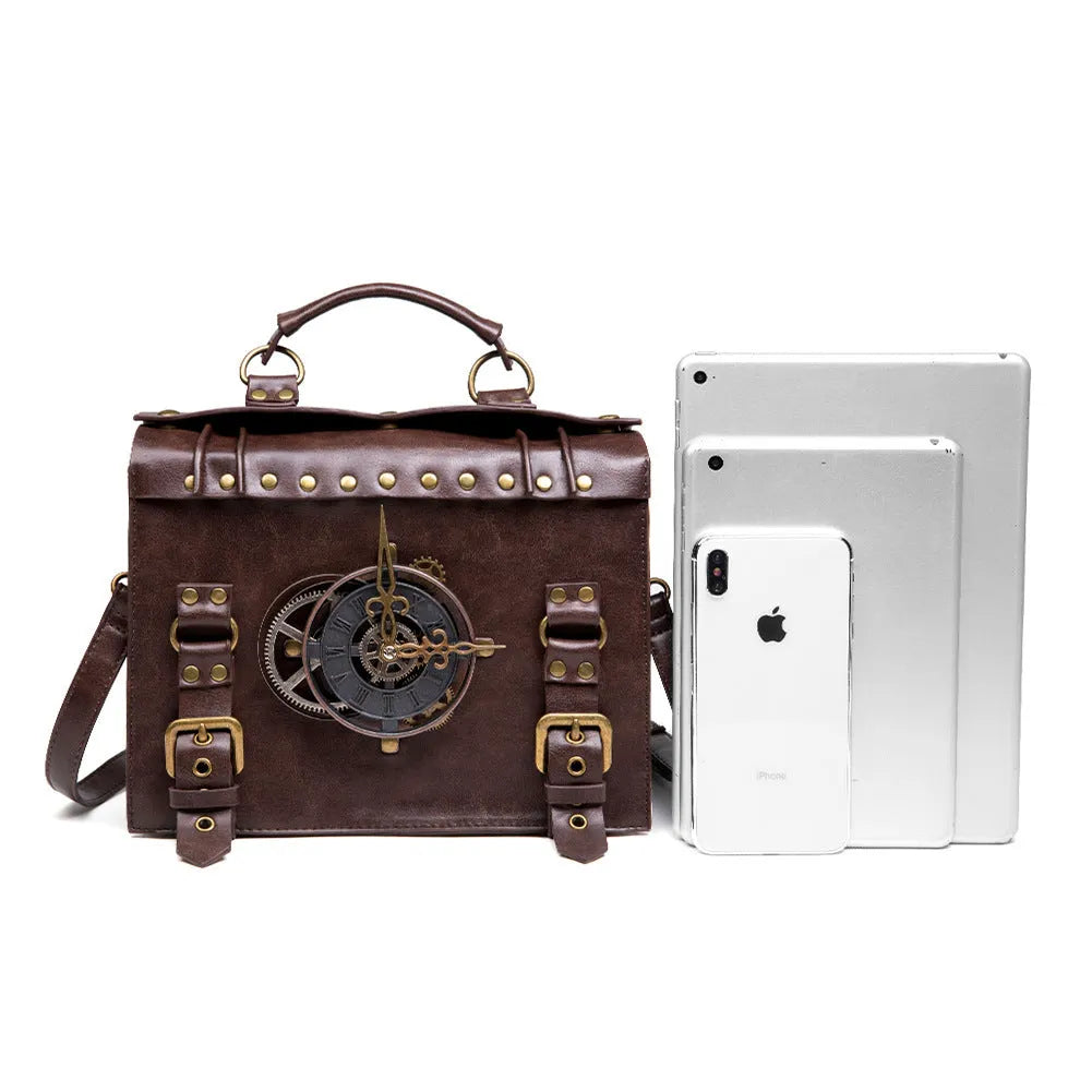 Bronze steampunk shoulder bag with metal hardware and horizontal square pillow design