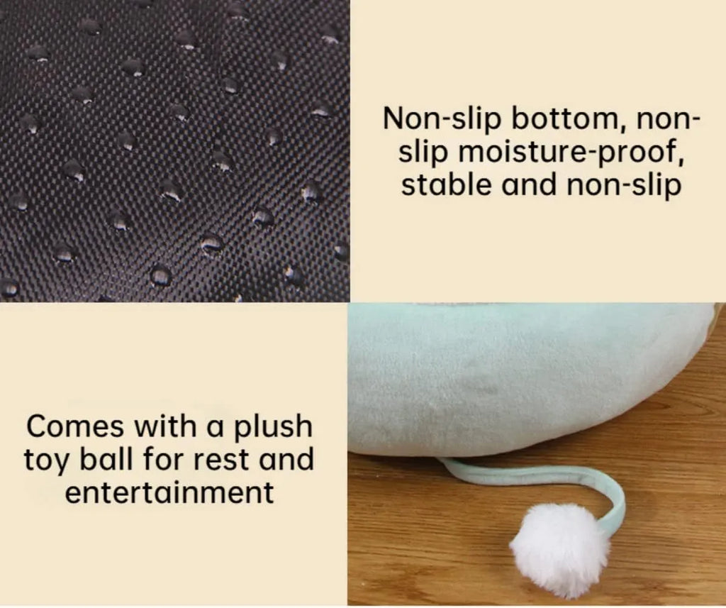 Green or yellow chick or dinosaur shaped cat bed that can be a flat sofa or a hanging hammock for small pets.