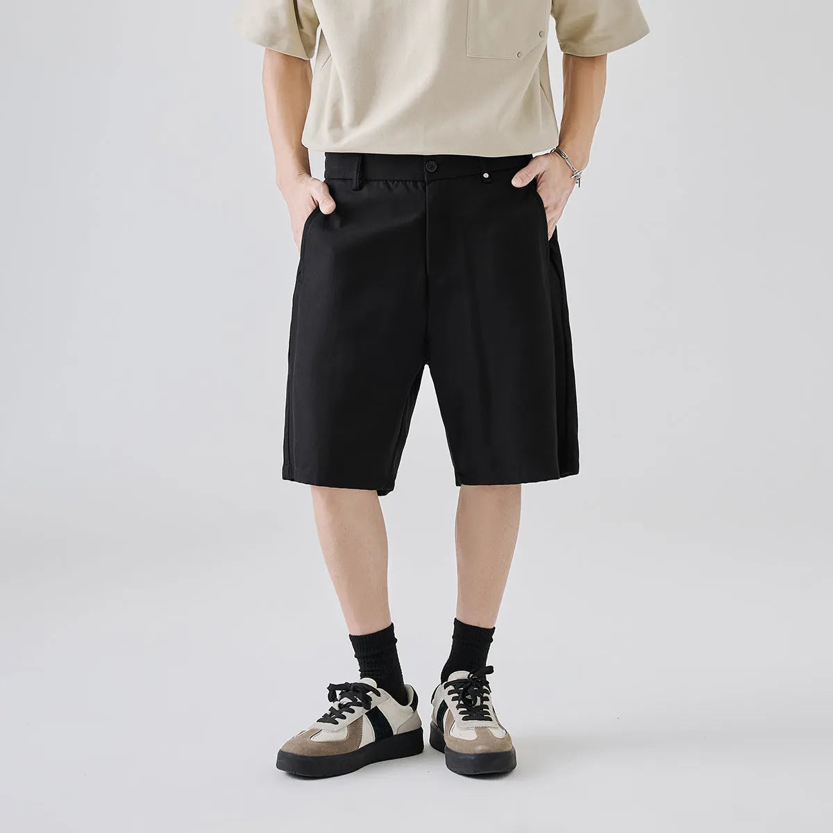 Men's casual cotton blend lyocell shorts in apricot colour showing loose fit and simple style