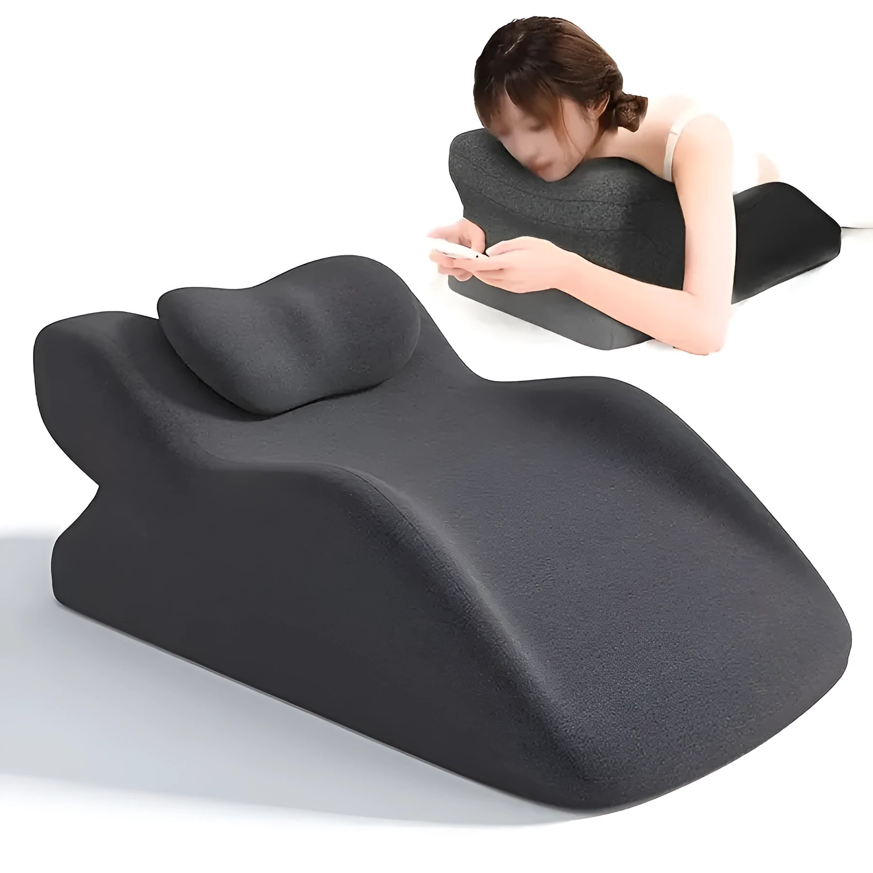 Stomach sleeper pillow designed for reading and phone use while lying down in blue colour option