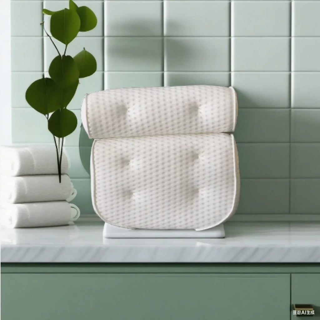 White bathtub pillow with 4D mesh and 7 suction cups on a bathtub.
