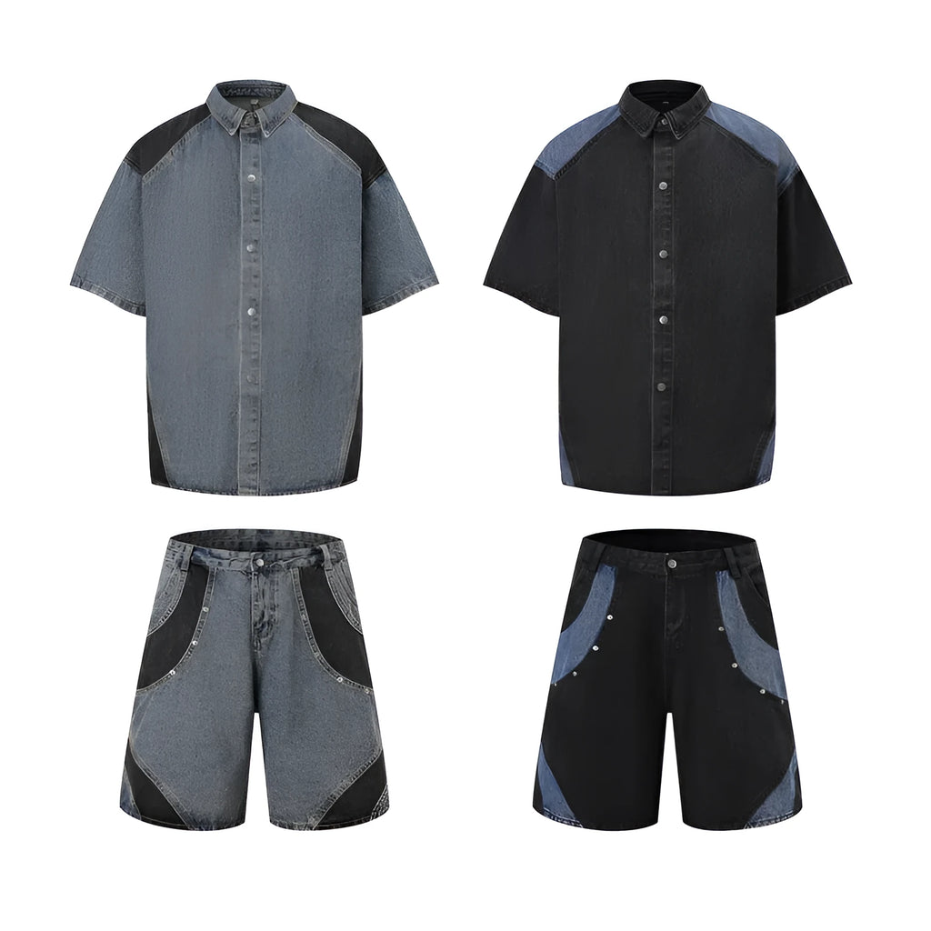 Retro washed denim short-sleeve jacket and matching trousers set on a hanger.
