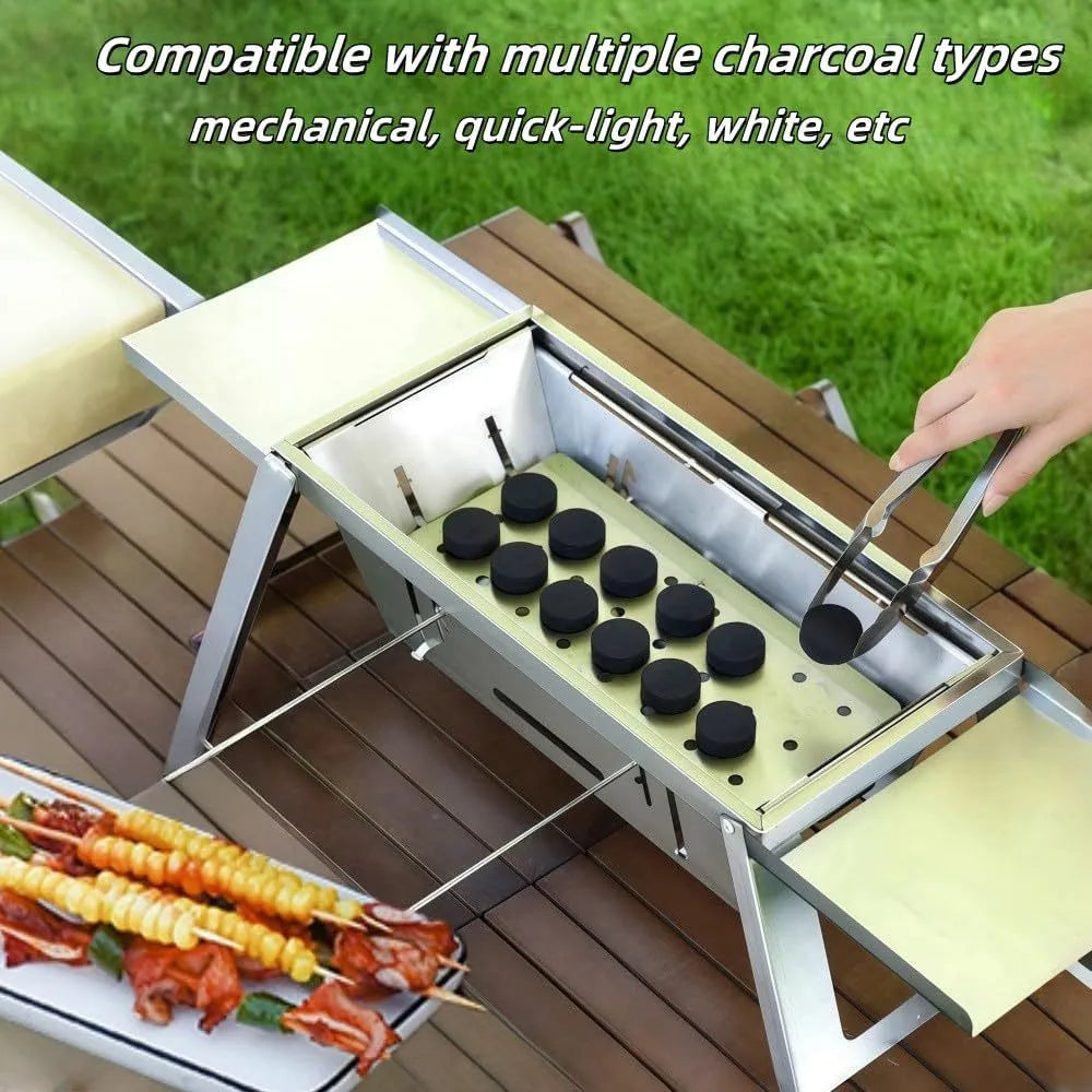 Small portable charcoal grill shown in a folded position for easy transport.