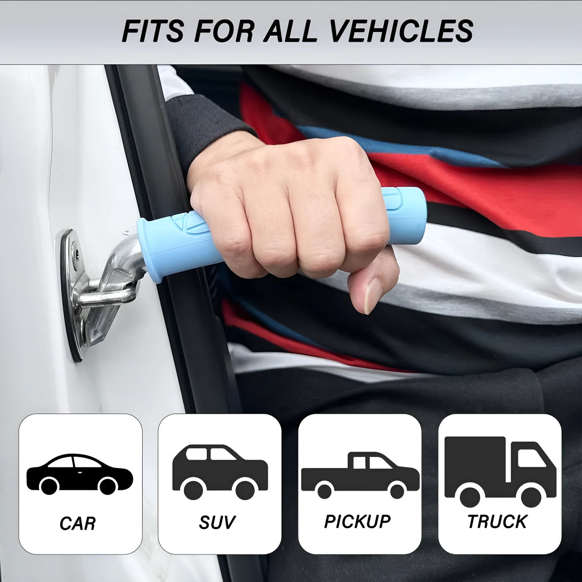 Portable metal and silicone vehicle support handle for elderly, shown in red, blue, and green.