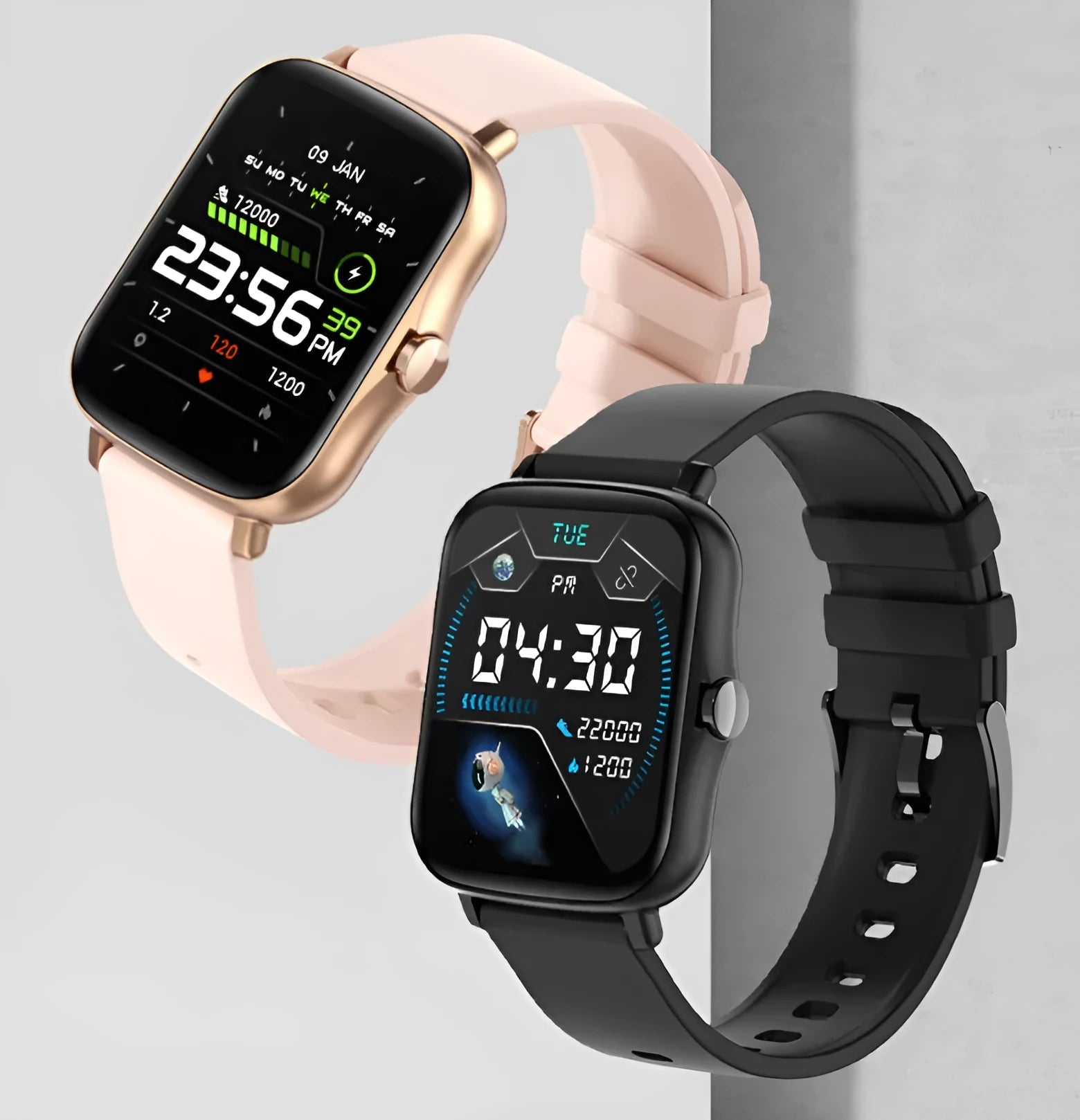 Smart watch with 1.7-inch colour touch screen showing fitness data, available in black, blue, or gold with adjustable strap