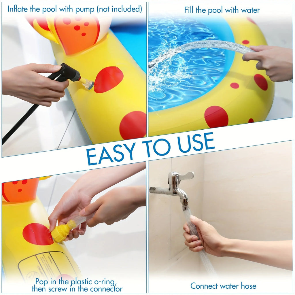 Blue dinosaur inflatable water spray pool measuring 170cm long with water play features