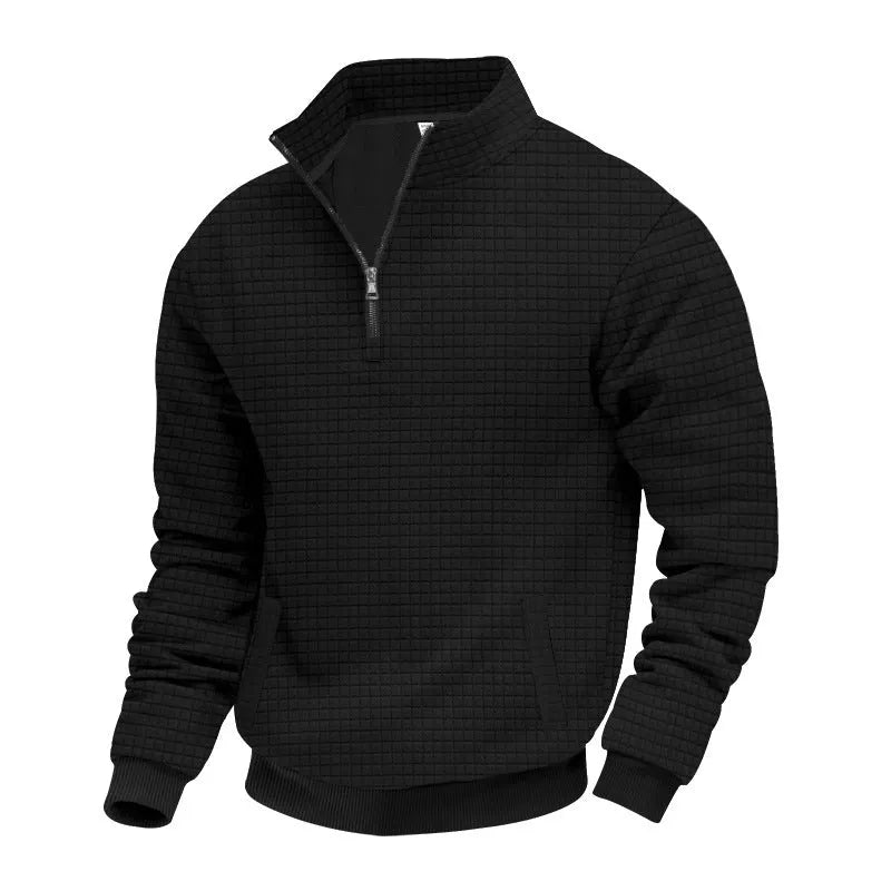 Men's grey stand-up collar long sleeve jacquard small check sweatshirt with side seam pockets