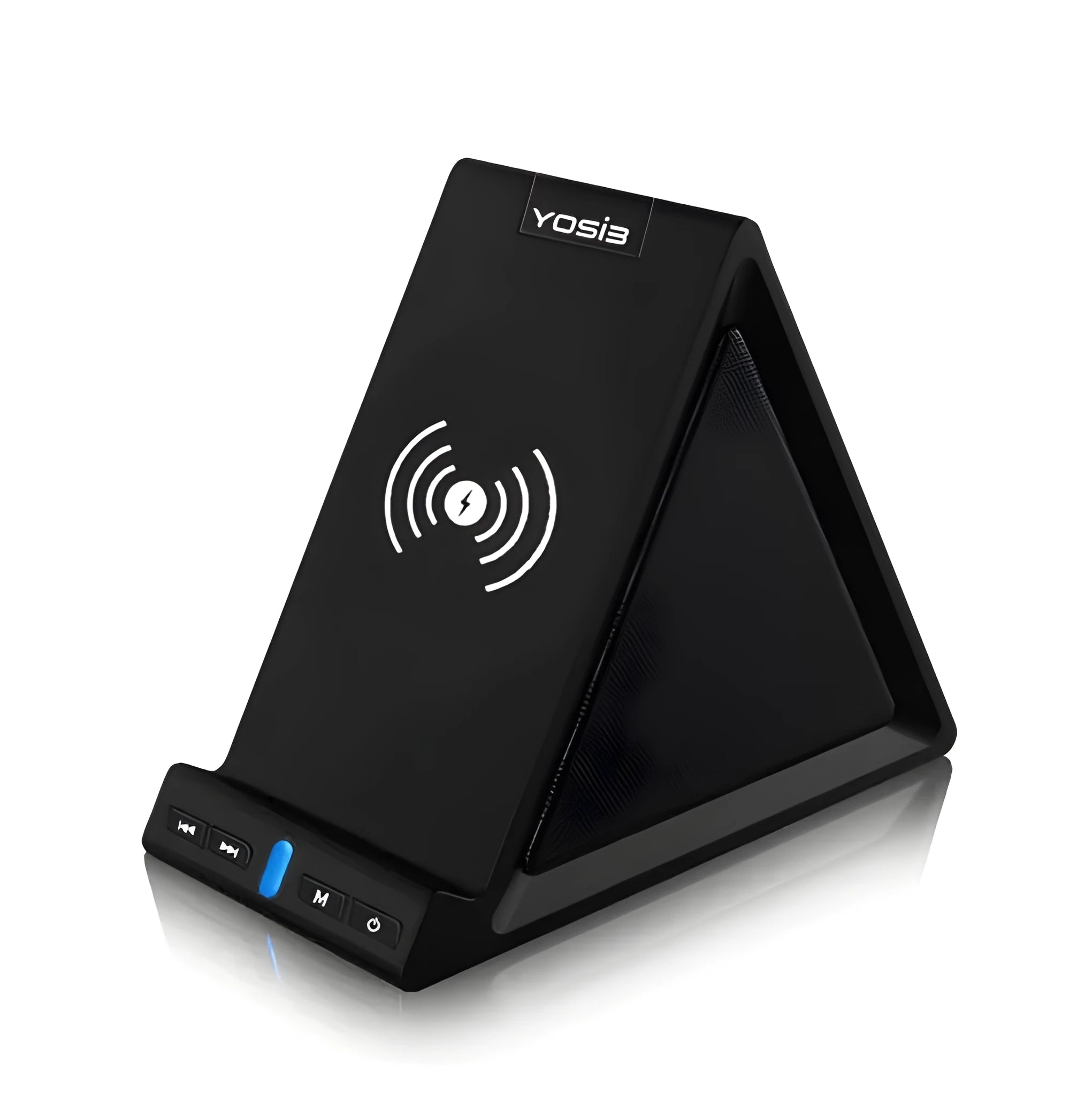 Black multifunctional Bluetooth speaker with wireless charging phone stand and 2000mAh power bank