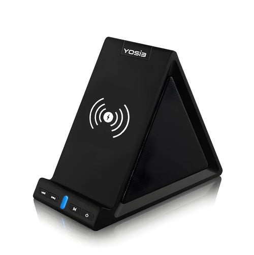 Black multifunctional Bluetooth speaker with wireless charging phone stand and 2000mAh power bank